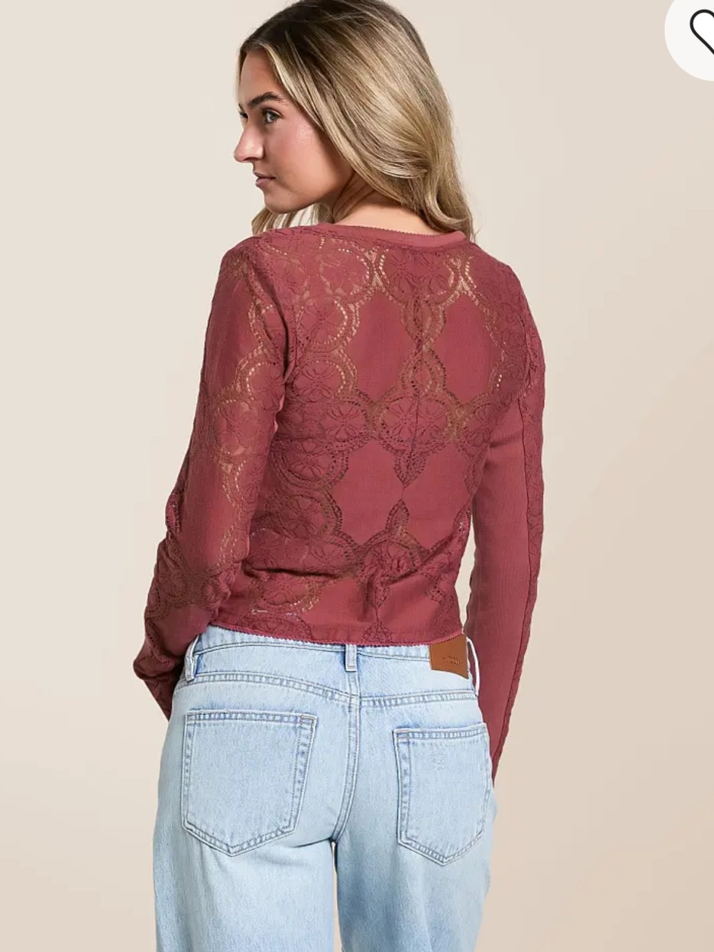 Free People Dusty Rose Lace-Trim Button Down Crop Top - Picture 3 of 8